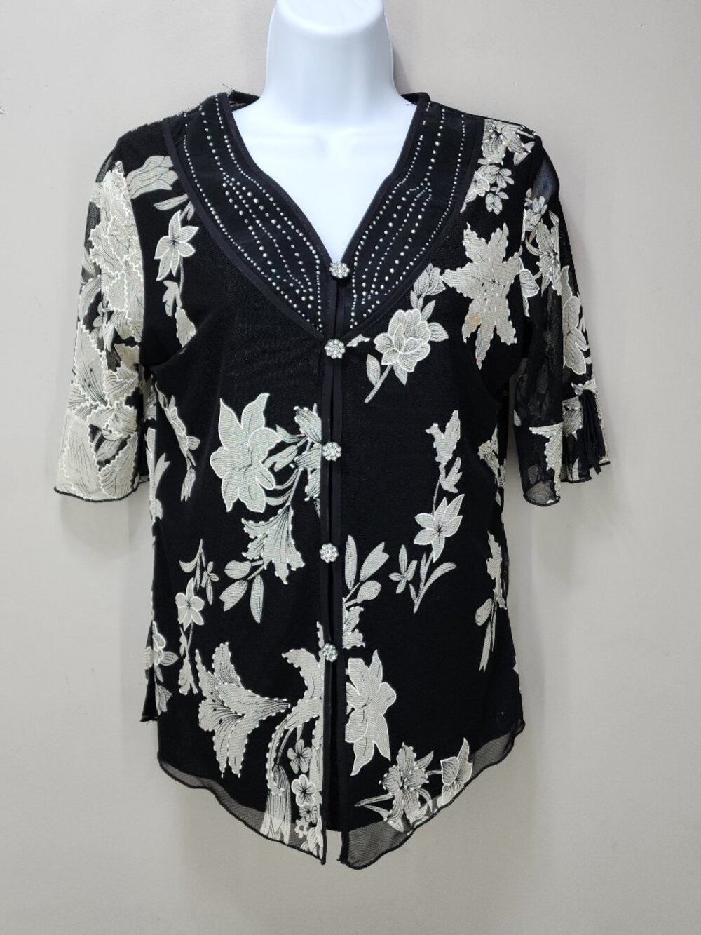 90s Y2K VTG Black Floral Semi-Sheer Floral Rhinestone Blouse
